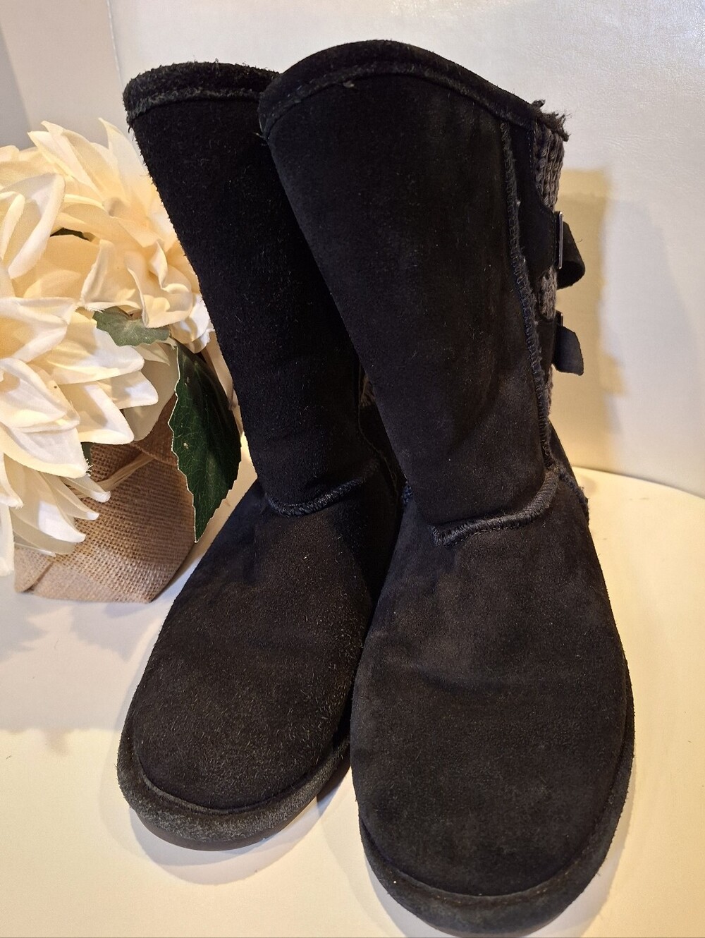 Bearpaw Boshie Youth Boots 5 Black Suede Sweater Knit Shearling Winter Boot 5Y